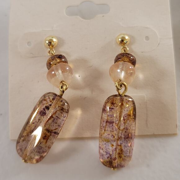 Radiant Earrings 2 Sets Drop Beads Amber Gold Tone Stud Pierced 1–1.5" Gift Bag - Picture 3 of 11